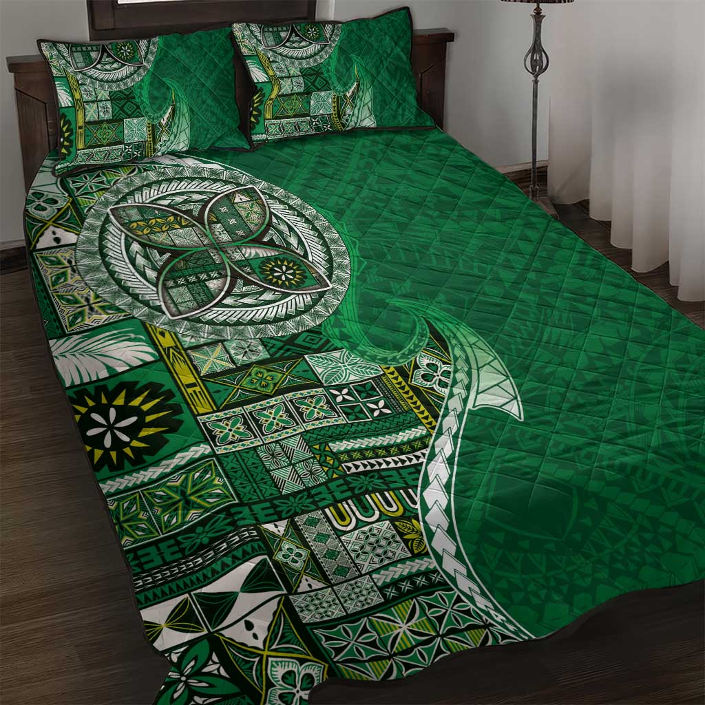 Samoan Siapo Art Tattoo Polynesian Pattern Quilt Bed Set Green Color - Polynesian Pride