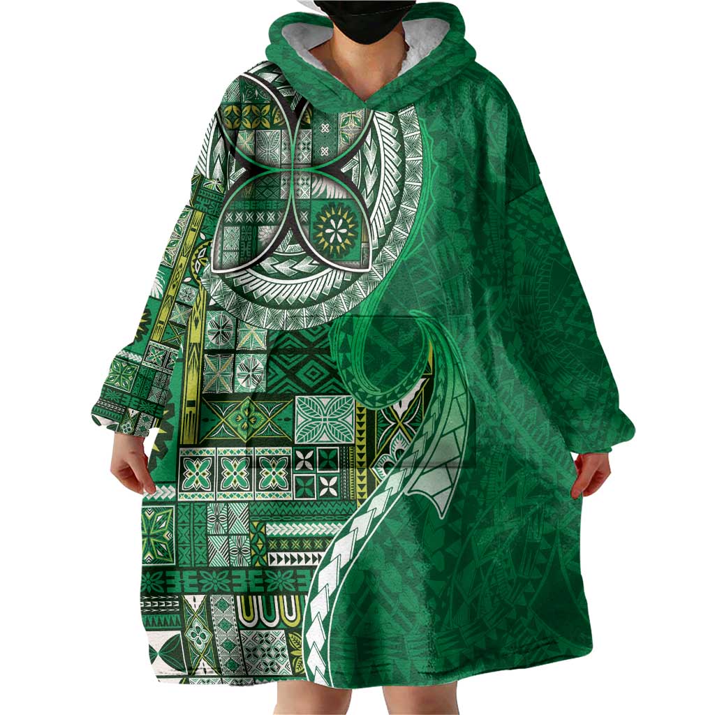 Samoan Siapo Art Tattoo Polynesian Pattern Wearable Blanket Hoodie Green Color - Polynesian Pride