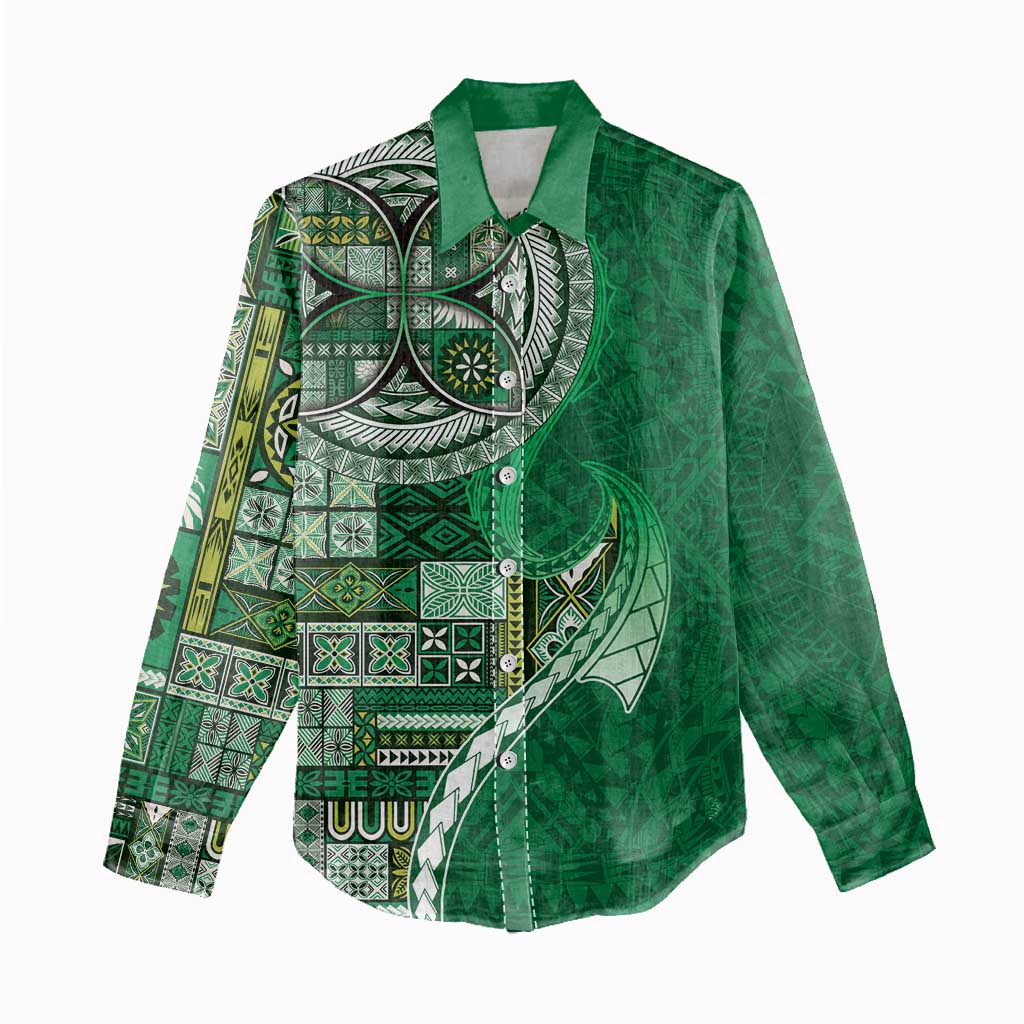 Samoan Siapo Art Tattoo Polynesian Pattern Women Casual Shirt Green Color - Polynesian Pride