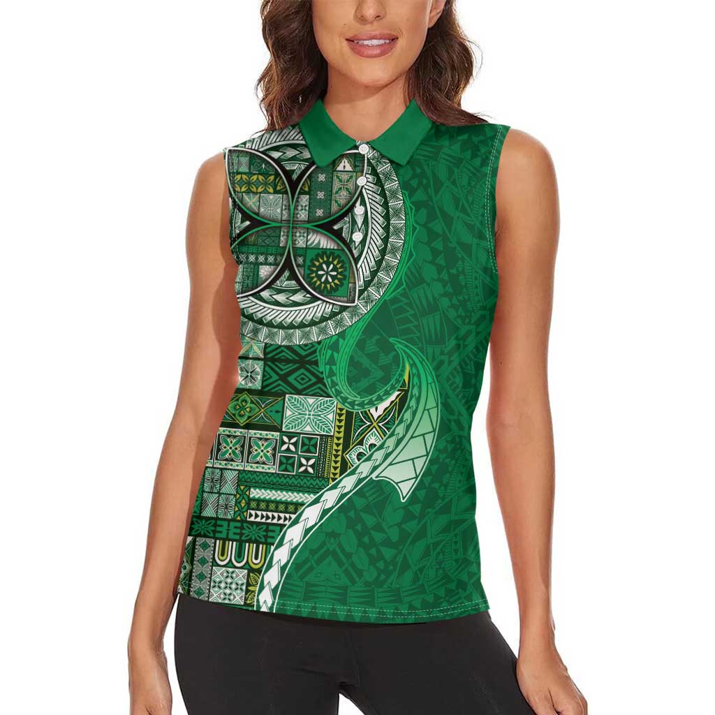 Samoan Siapo Art Tattoo Polynesian Pattern Women Sleeveless Polo Shirt Green Color - Polynesian Pride