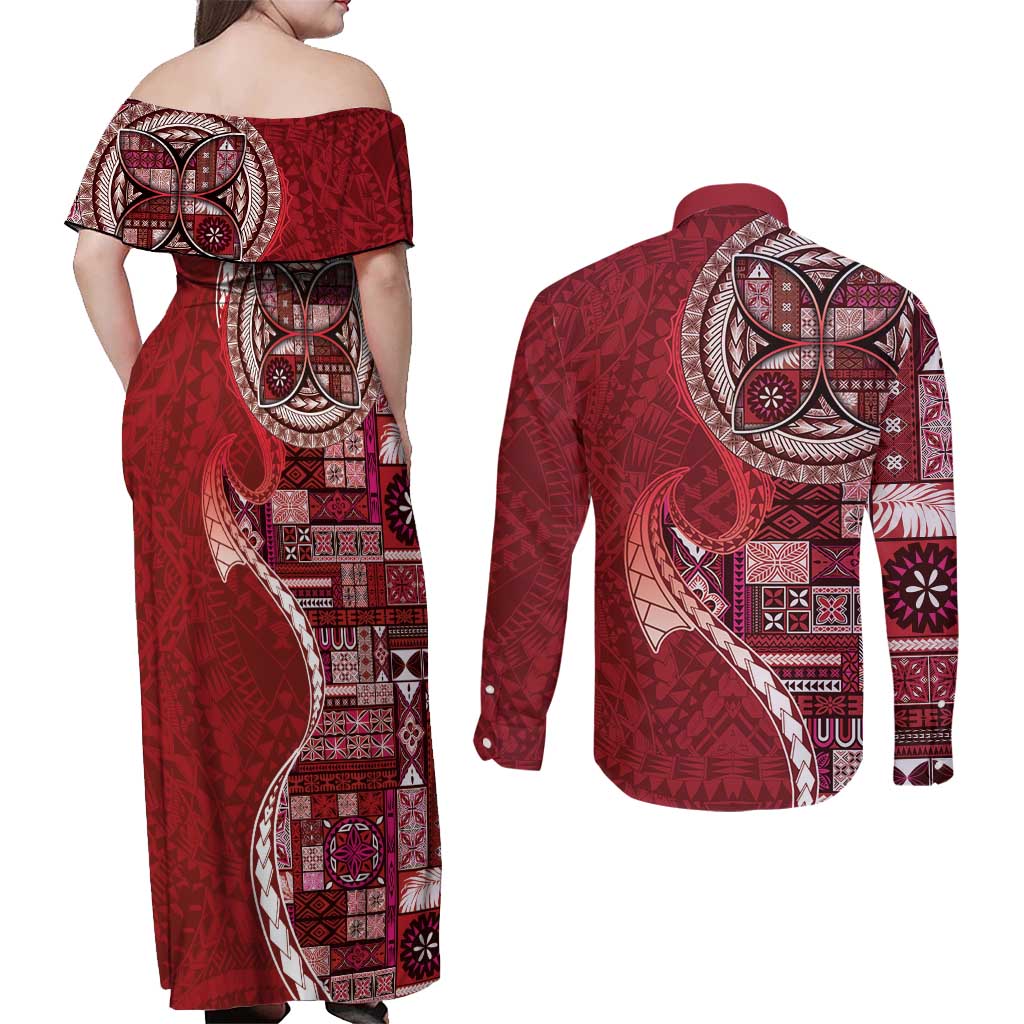 Samoan Siapo Art Tattoo Polynesian Pattern Couples Matching Off Shoulder Maxi Dress and Long Sleeve Button Shirt Red Color - Polynesian Pride