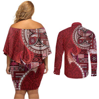 Samoan Siapo Art Tattoo Polynesian Pattern Couples Matching Off Shoulder Short Dress and Long Sleeve Button Shirt Red Color - Polynesian Pride
