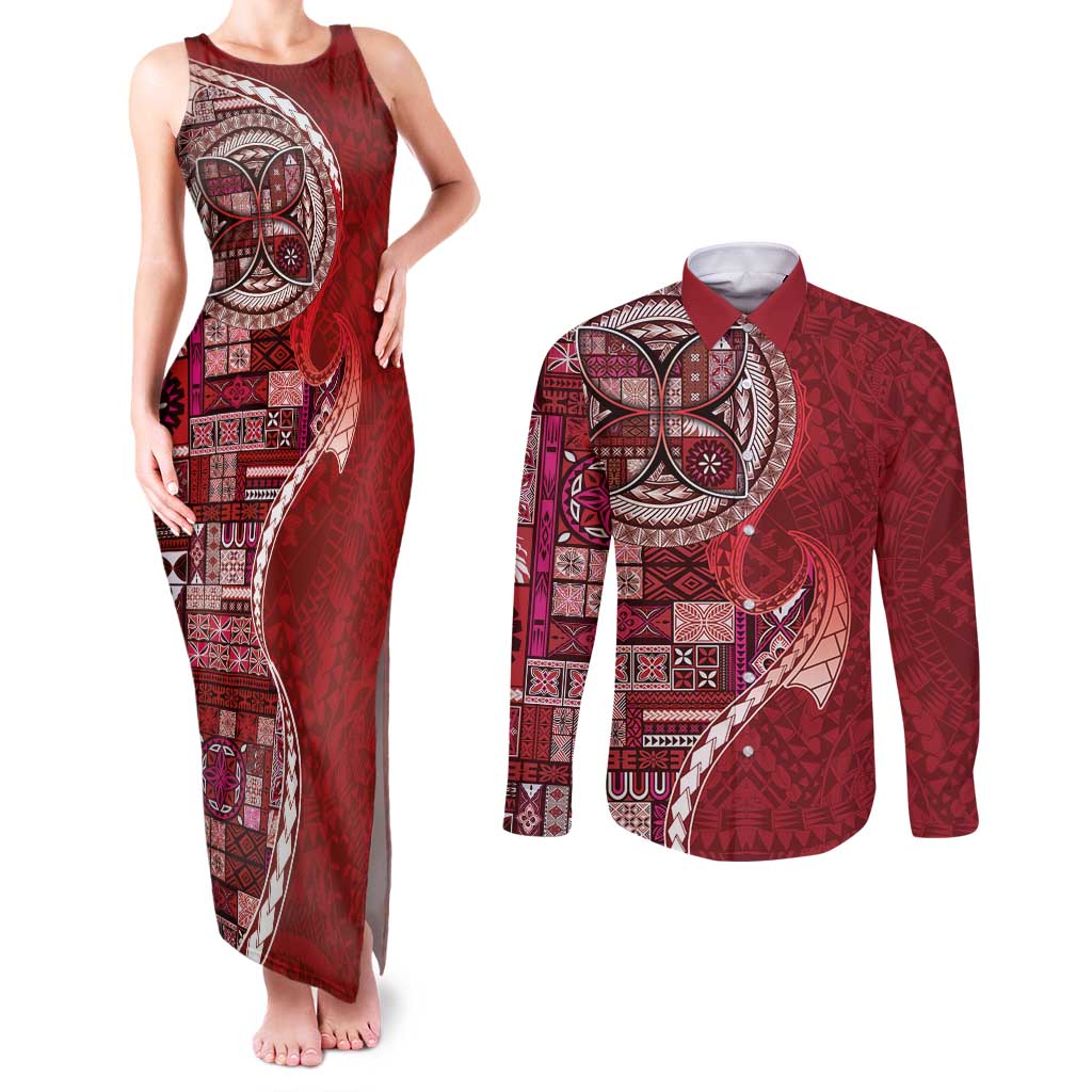 Samoan Siapo Art Tattoo Polynesian Pattern Couples Matching Tank Maxi Dress and Long Sleeve Button Shirt Red Color - Polynesian Pride