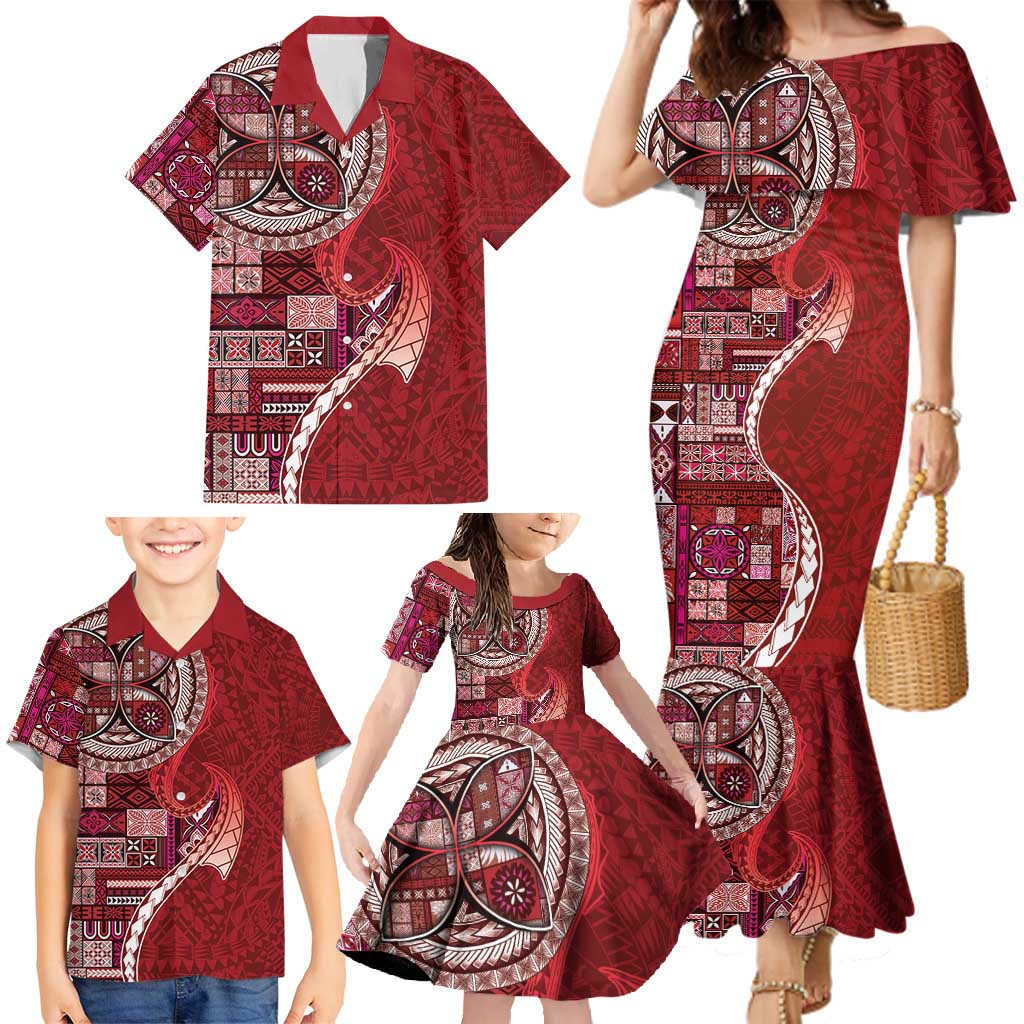 Samoan Siapo Art Tattoo Polynesian Pattern Family Matching Mermaid Dress and Hawaiian Shirt Red Color - Polynesian Pride