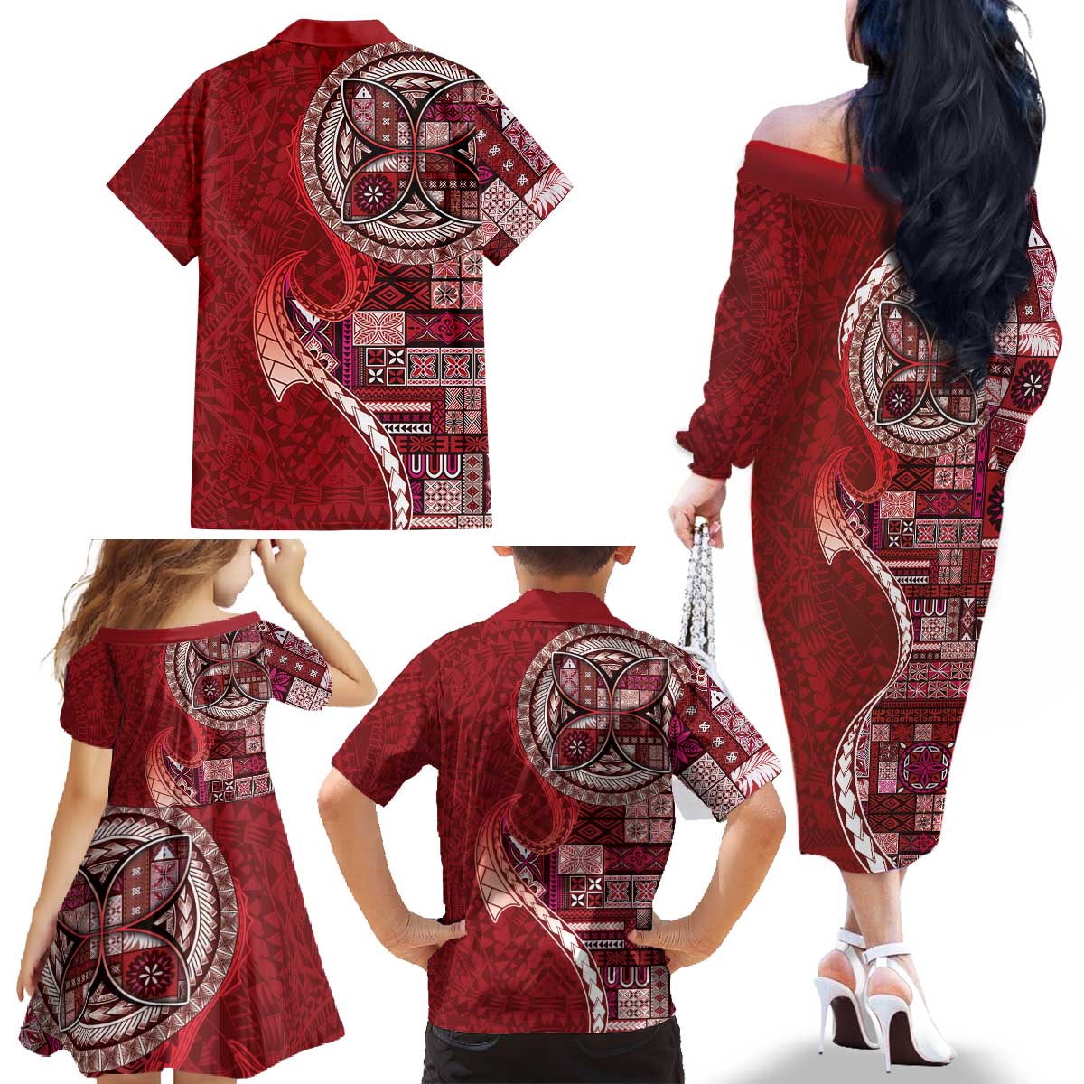 Samoan Siapo Art Tattoo Polynesian Pattern Family Matching Off The Shoulder Long Sleeve Dress and Hawaiian Shirt Red Color - Polynesian Pride