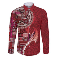 Samoan Siapo Art Tattoo Polynesian Pattern Family Matching Off The Shoulder Long Sleeve Dress and Hawaiian Shirt Red Color - Polynesian Pride
