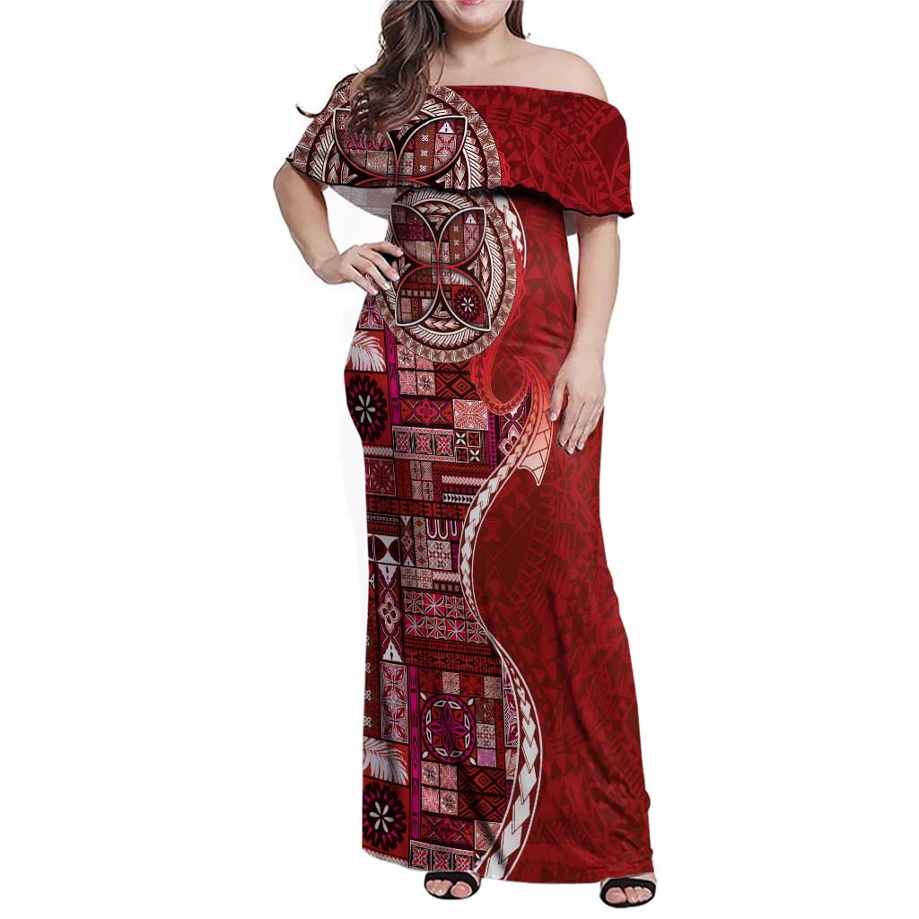 Samoan Siapo Art Tattoo Polynesian Pattern Family Matching Off Shoulder Maxi Dress and Hawaiian Shirt Red Color - Polynesian Pride