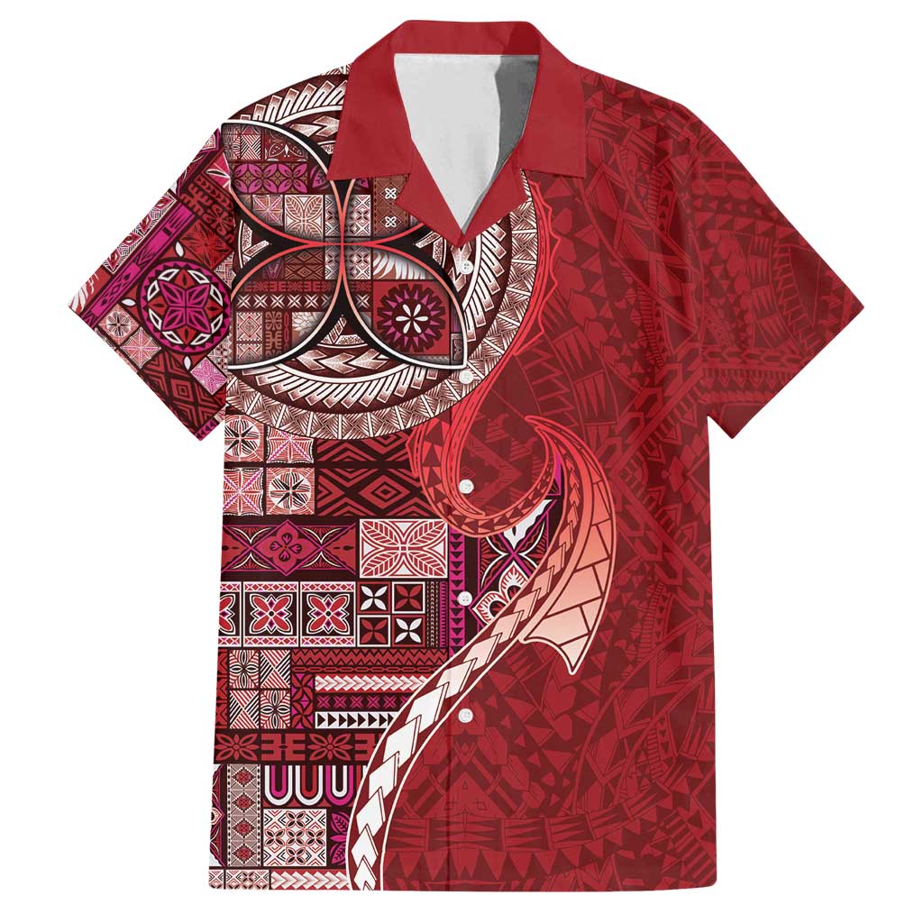 Samoan Siapo Art Tattoo Polynesian Pattern Family Matching Off Shoulder Short Dress and Hawaiian Shirt Red Color - Polynesian Pride