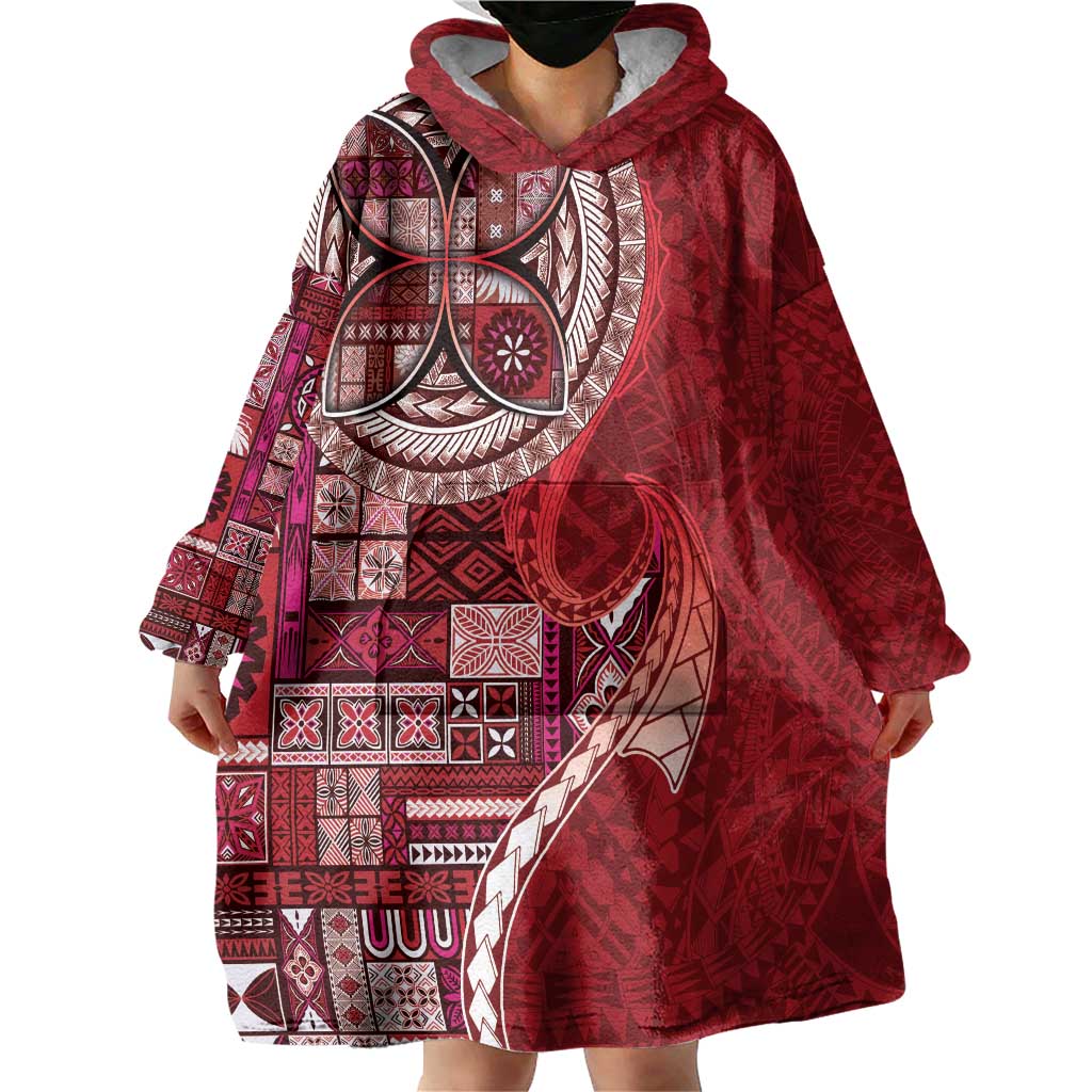 Samoan Siapo Art Tattoo Polynesian Pattern Wearable Blanket Hoodie Red Color - Polynesian Pride
