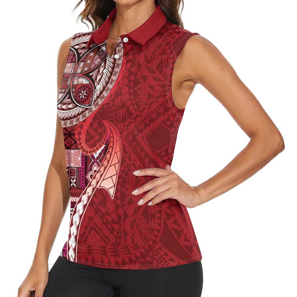 Samoan Siapo Art Tattoo Polynesian Pattern Women Sleeveless Polo Shirt Red Color - Polynesian Pride