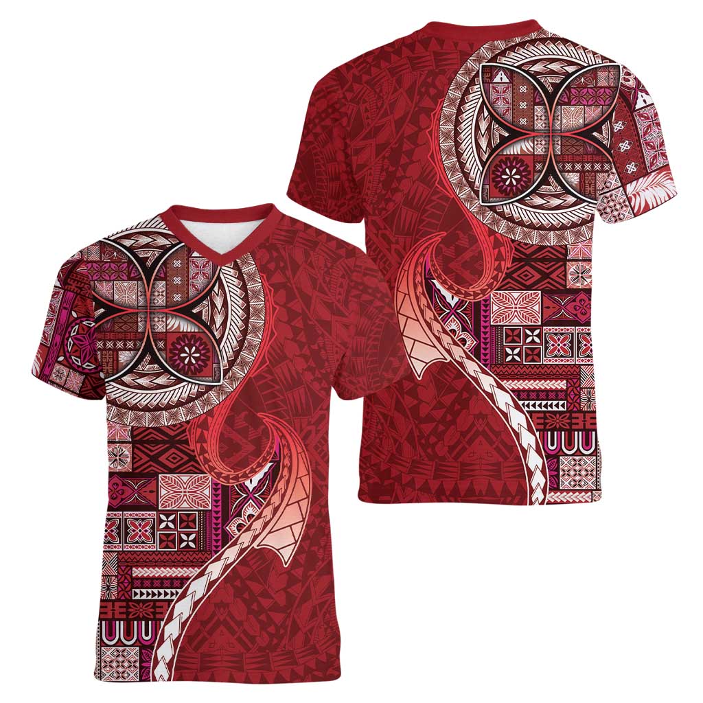 Samoan Siapo Art Tattoo Polynesian Pattern Women V-Neck T-Shirt Red Color - Polynesian Pride
