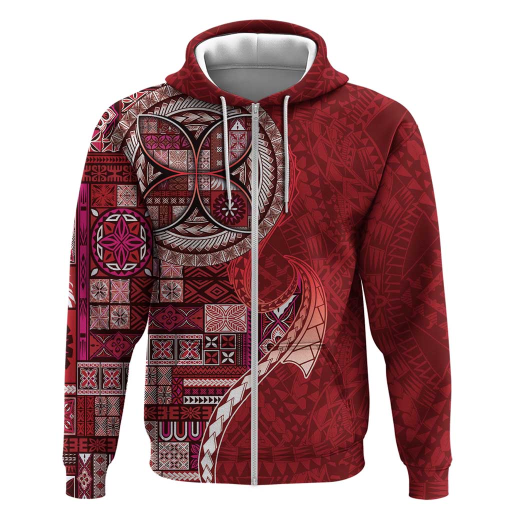 Samoan Siapo Art Tattoo Polynesian Pattern Zip Hoodie Red Color - Polynesian Pride
