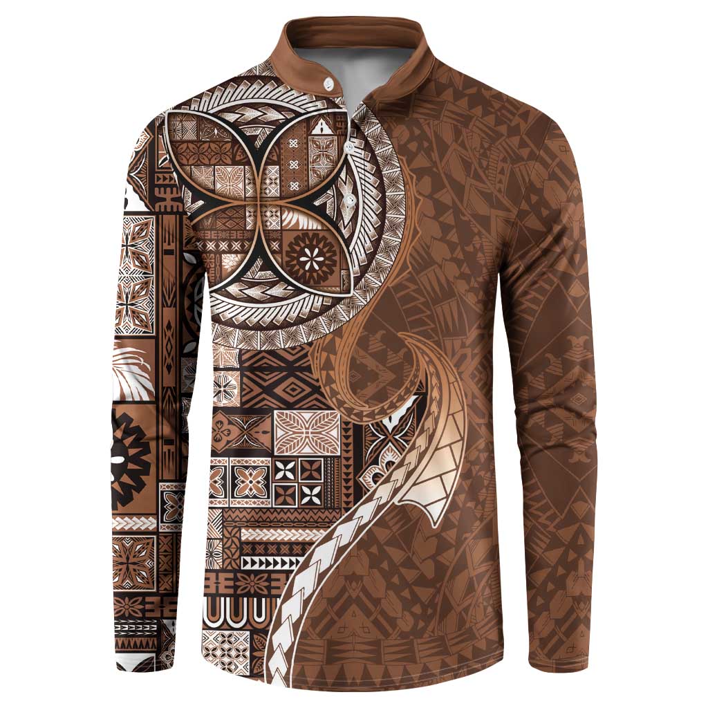Samoan Siapo Art Tattoo Polynesian Pattern Button Sweatshirt Brown Color - Polynesian Pride