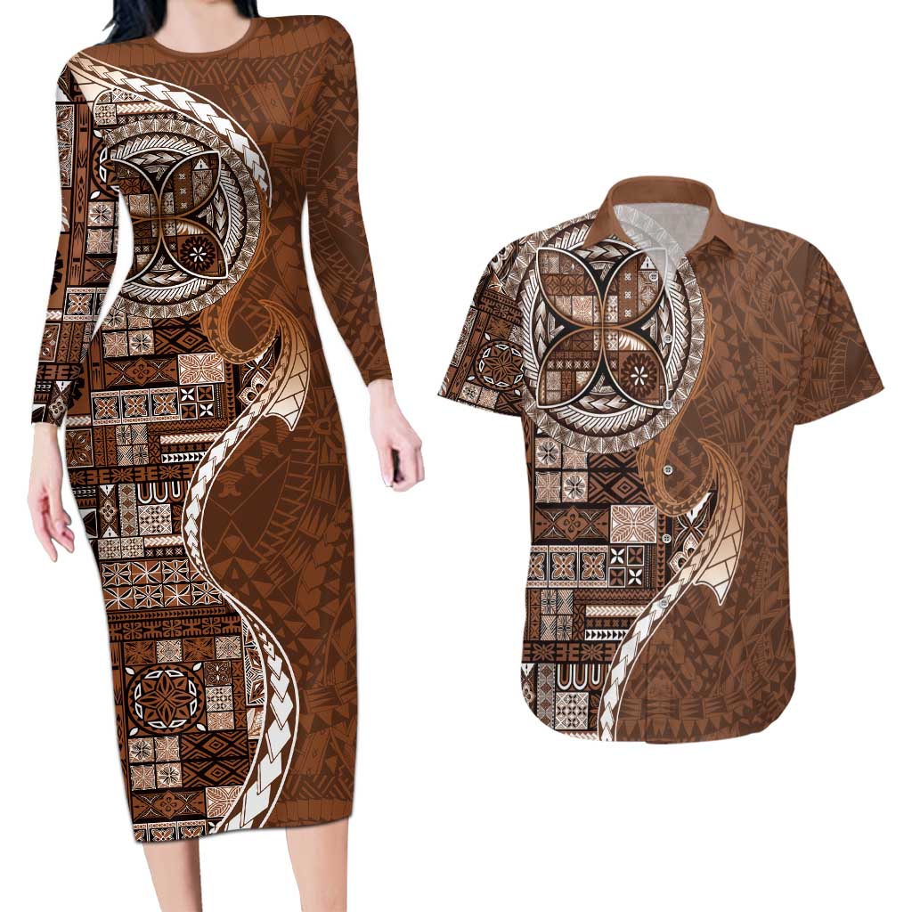 Samoan Siapo Art Tattoo Polynesian Pattern Couples Matching Long Sleeve Bodycon Dress and Hawaiian Shirt Brown Color - Polynesian Pride
