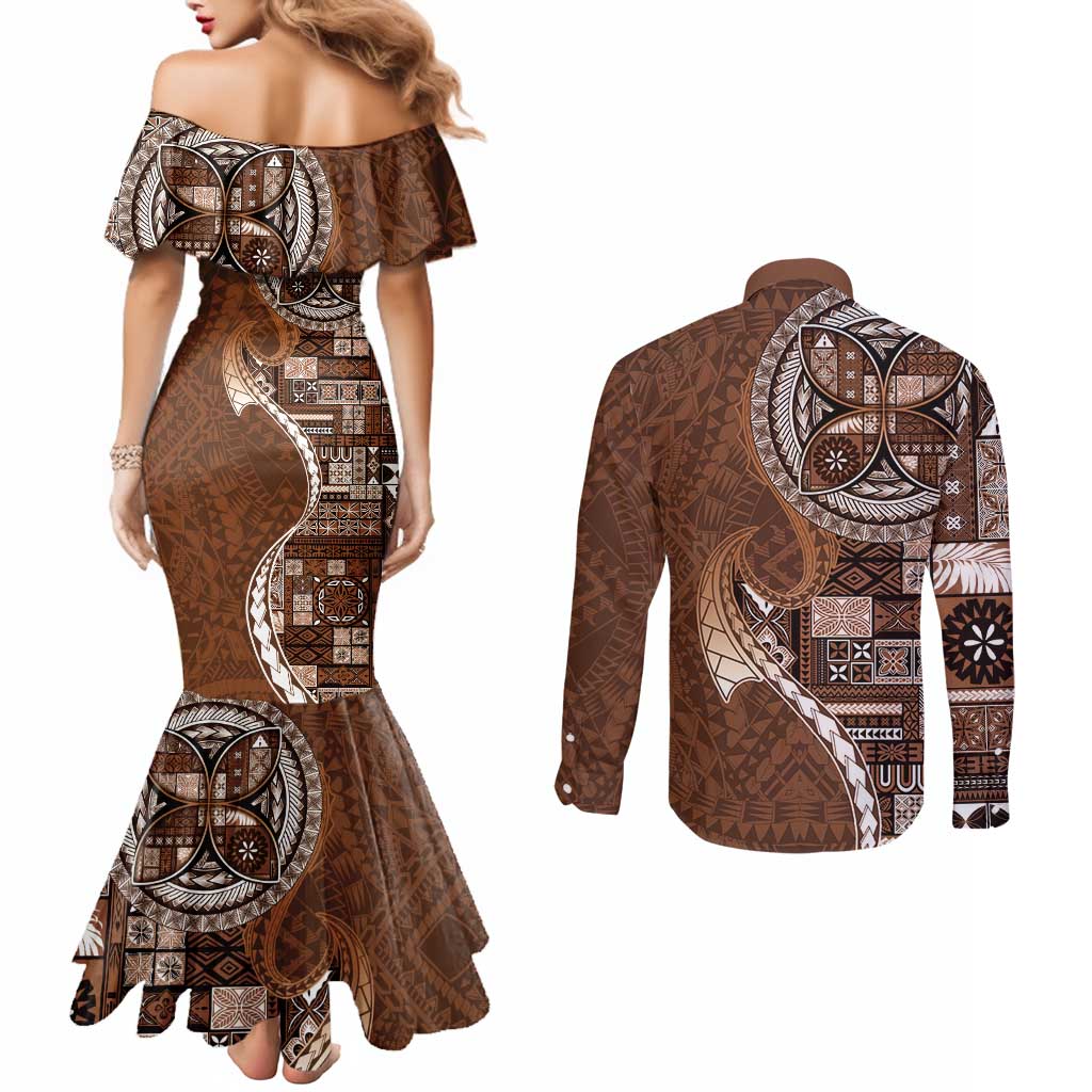 Samoan Siapo Art Tattoo Polynesian Pattern Couples Matching Mermaid Dress and Long Sleeve Button Shirt Brown Color - Polynesian Pride