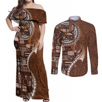 Samoan Siapo Art Tattoo Polynesian Pattern Couples Matching Off Shoulder Maxi Dress and Long Sleeve Button Shirt Brown Color - Polynesian Pride