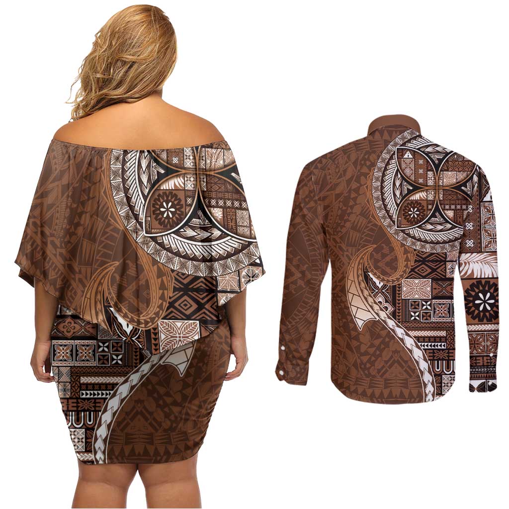 Samoan Siapo Art Tattoo Polynesian Pattern Couples Matching Off Shoulder Short Dress and Long Sleeve Button Shirt Brown Color - Polynesian Pride
