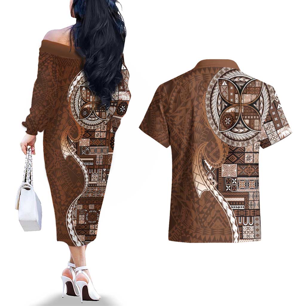 Samoan Siapo Art Tattoo Polynesian Pattern Couples Matching Off The Shoulder Long Sleeve Dress and Hawaiian Shirt Brown Color - Polynesian Pride
