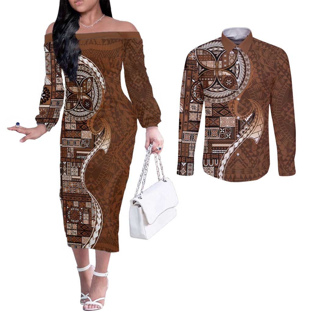 Samoan Siapo Art Tattoo Polynesian Pattern Couples Matching Off The Shoulder Long Sleeve Dress and Long Sleeve Button Shirt Brown Color - Polynesian Pride