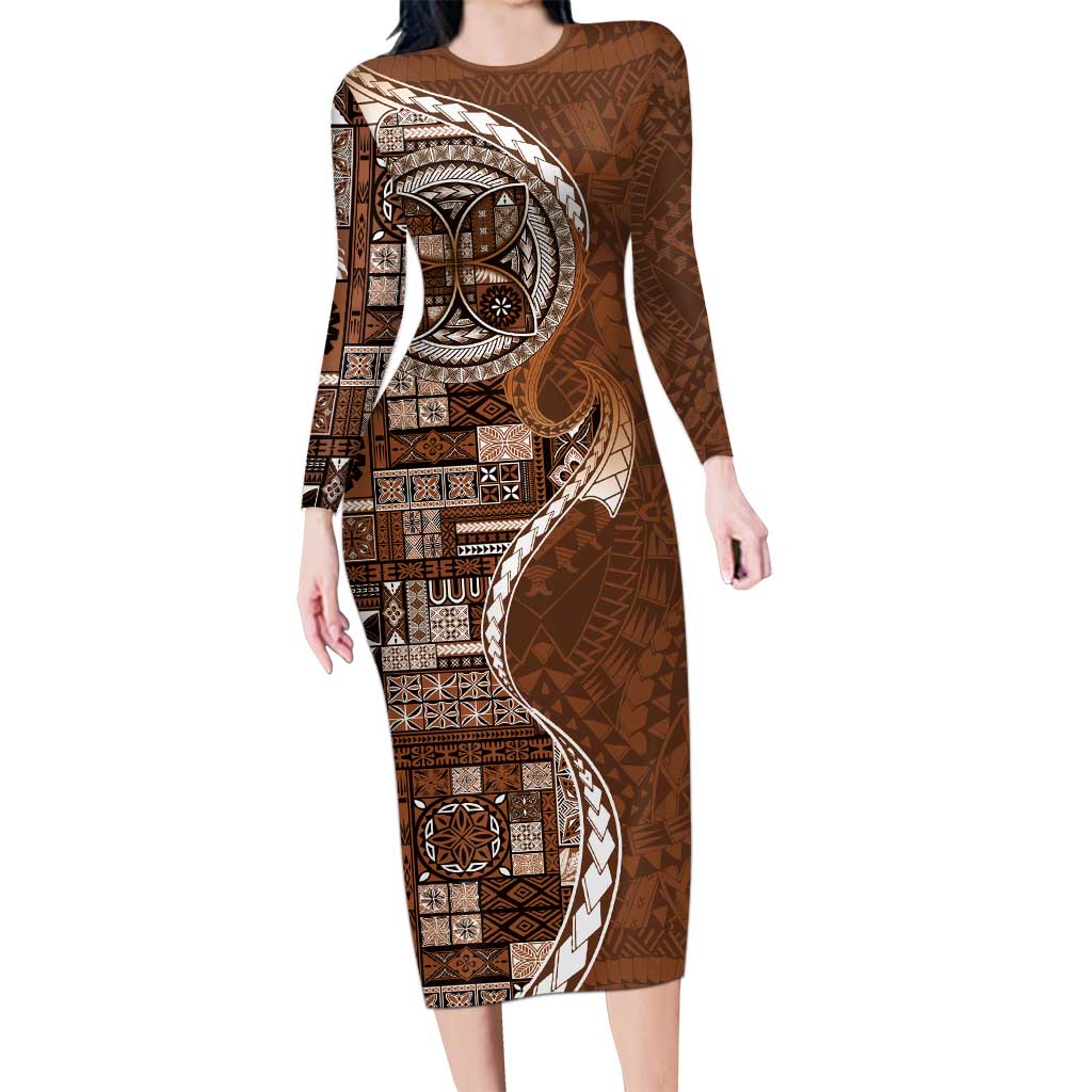 Samoan Siapo Art Tattoo Polynesian Pattern Family Matching Long Sleeve Bodycon Dress and Hawaiian Shirt Brown Color - Polynesian Pride
