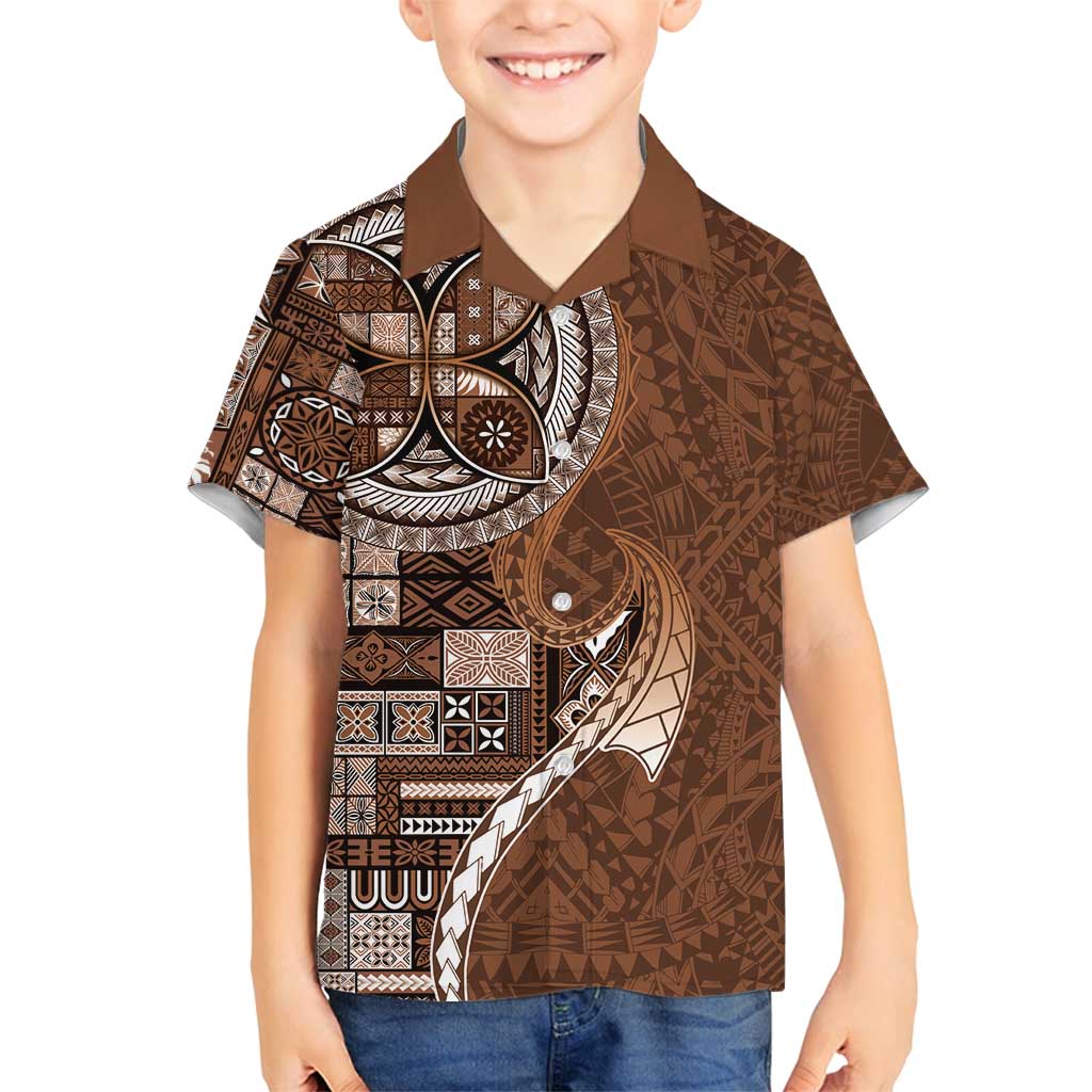 Samoan Siapo Art Tattoo Polynesian Pattern Family Matching Long Sleeve Bodycon Dress and Hawaiian Shirt Brown Color - Polynesian Pride