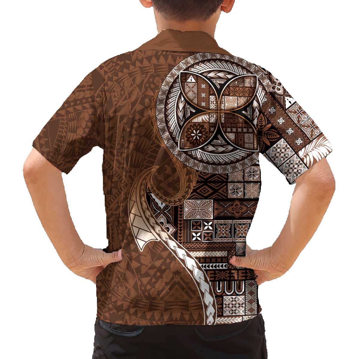 Samoan Siapo Art Tattoo Polynesian Pattern Family Matching Off The Shoulder Long Sleeve Dress and Hawaiian Shirt Brown Color - Polynesian Pride