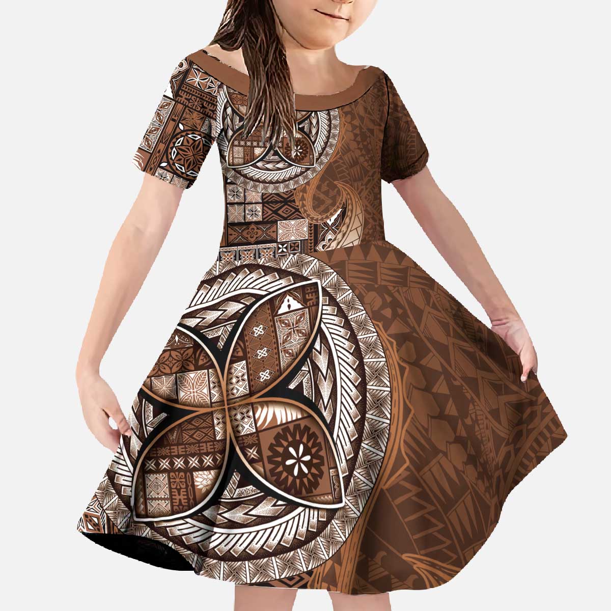 Samoan Siapo Art Tattoo Polynesian Pattern Family Matching Off The Shoulder Long Sleeve Dress and Hawaiian Shirt Brown Color - Polynesian Pride