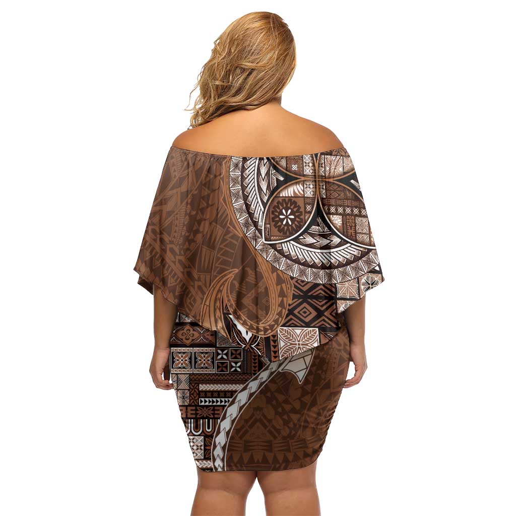 Samoan Siapo Art Tattoo Polynesian Pattern Family Matching Off Shoulder Short Dress and Hawaiian Shirt Brown Color - Polynesian Pride