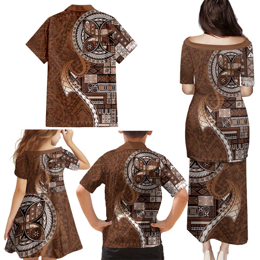 Samoan Siapo Art Tattoo Polynesian Pattern Family Matching Puletasi and Hawaiian Shirt Brown Color - Polynesian Pride