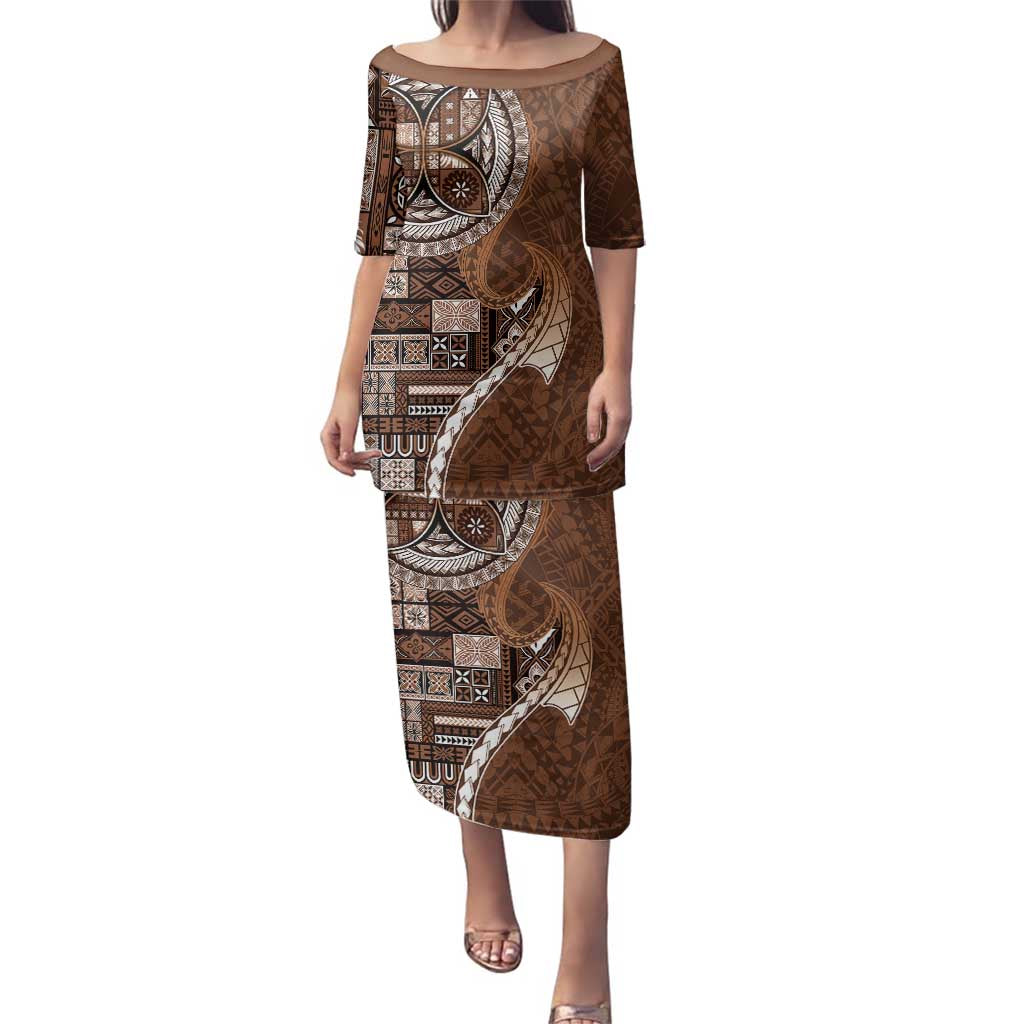 Samoan Siapo Art Tattoo Polynesian Pattern Family Matching Puletasi and Hawaiian Shirt Brown Color - Polynesian Pride