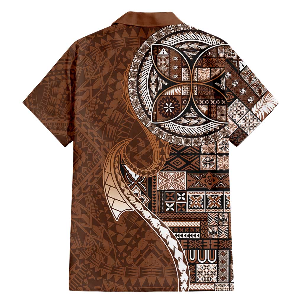 Samoan Siapo Art Tattoo Polynesian Pattern Family Matching Short Sleeve Bodycon Dress and Hawaiian Shirt Brown Color - Polynesian Pride