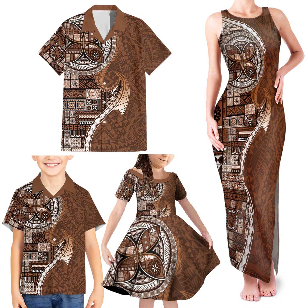 Samoan Siapo Art Tattoo Polynesian Pattern Family Matching Tank Maxi Dress and Hawaiian Shirt Brown Color - Polynesian Pride