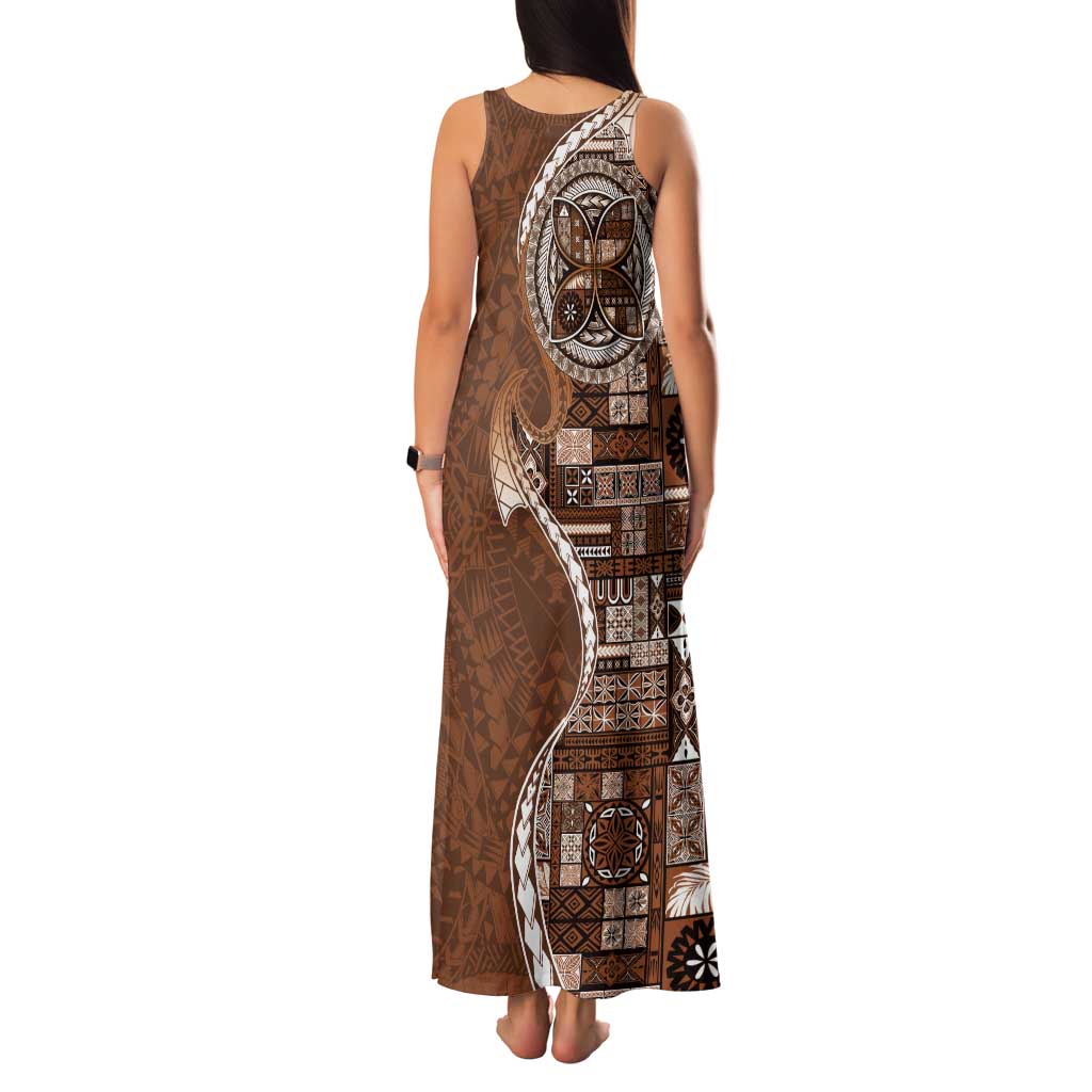 Samoan Siapo Art Tattoo Polynesian Pattern Family Matching Tank Maxi Dress and Hawaiian Shirt Brown Color - Polynesian Pride