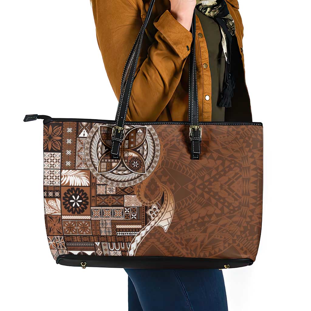 Samoan Siapo Art Tattoo Polynesian Pattern Leather Tote Bag Brown Color - Polynesian Pride