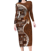 Samoan Siapo Art Tattoo Polynesian Pattern Long Sleeve Bodycon Dress Brown Color - Polynesian Pride