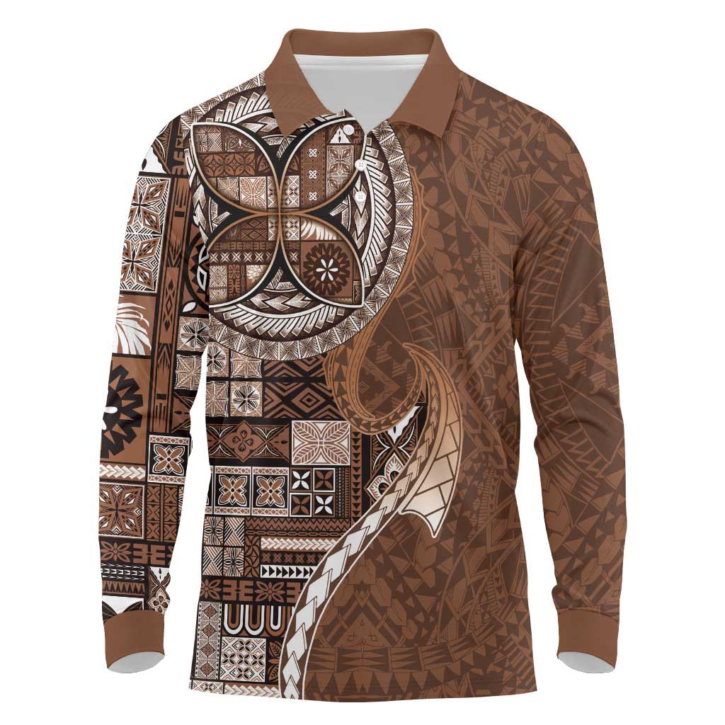 Samoan Siapo Art Tattoo Polynesian Pattern Long Sleeve Polo Shirt Brown Color - Polynesian Pride