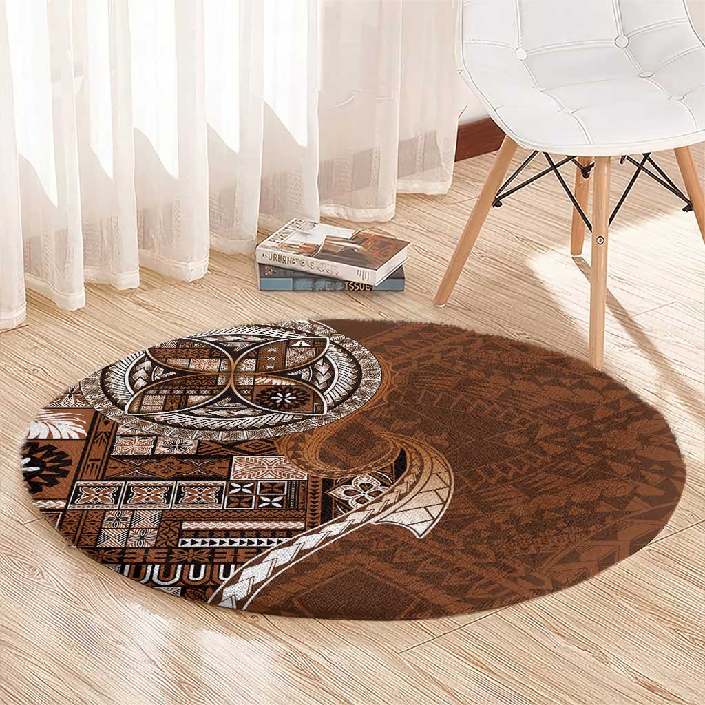 Samoan Siapo Art Tattoo Polynesian Pattern Round Carpet Brown Color - Polynesian Pride