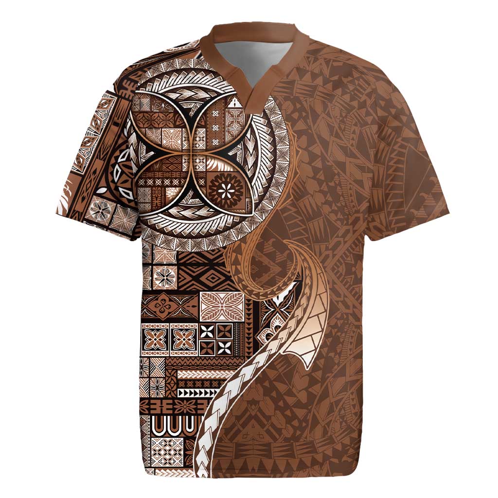 Samoan Siapo Art Tattoo Polynesian Pattern Rugby Jersey Brown Color - Polynesian Pride