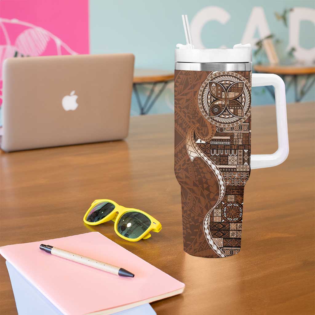 Samoan Siapo Art Tattoo Polynesian Pattern Tumbler With Handle Brown Color - Polynesian Pride