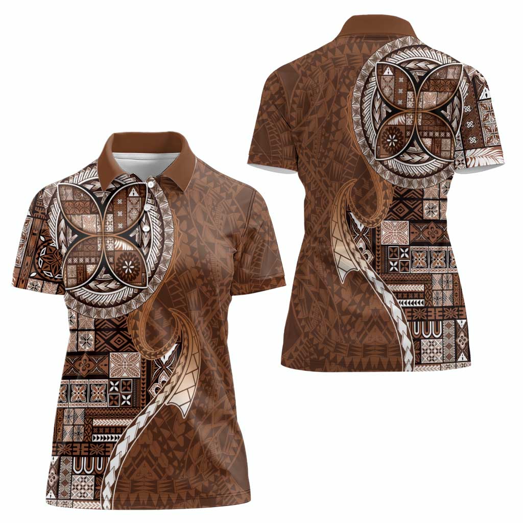 Samoan Siapo Art Tattoo Polynesian Pattern Women Polo Shirt Brown Color - Polynesian Pride