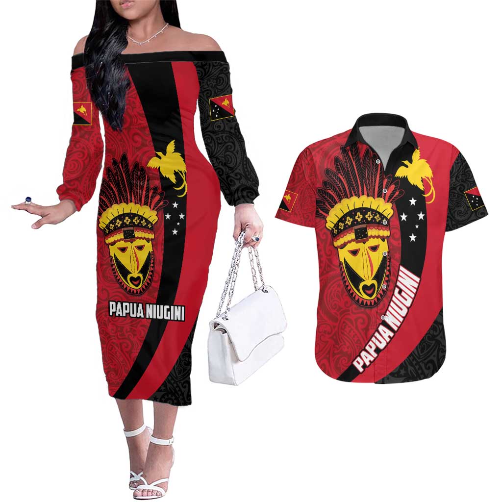 Papua New Guinea Mask Festival Couples Matching Off The Shoulder Long Sleeve Dress and Hawaiian Shirt Papua Niugini Tribe Mask Melanesian Pattern