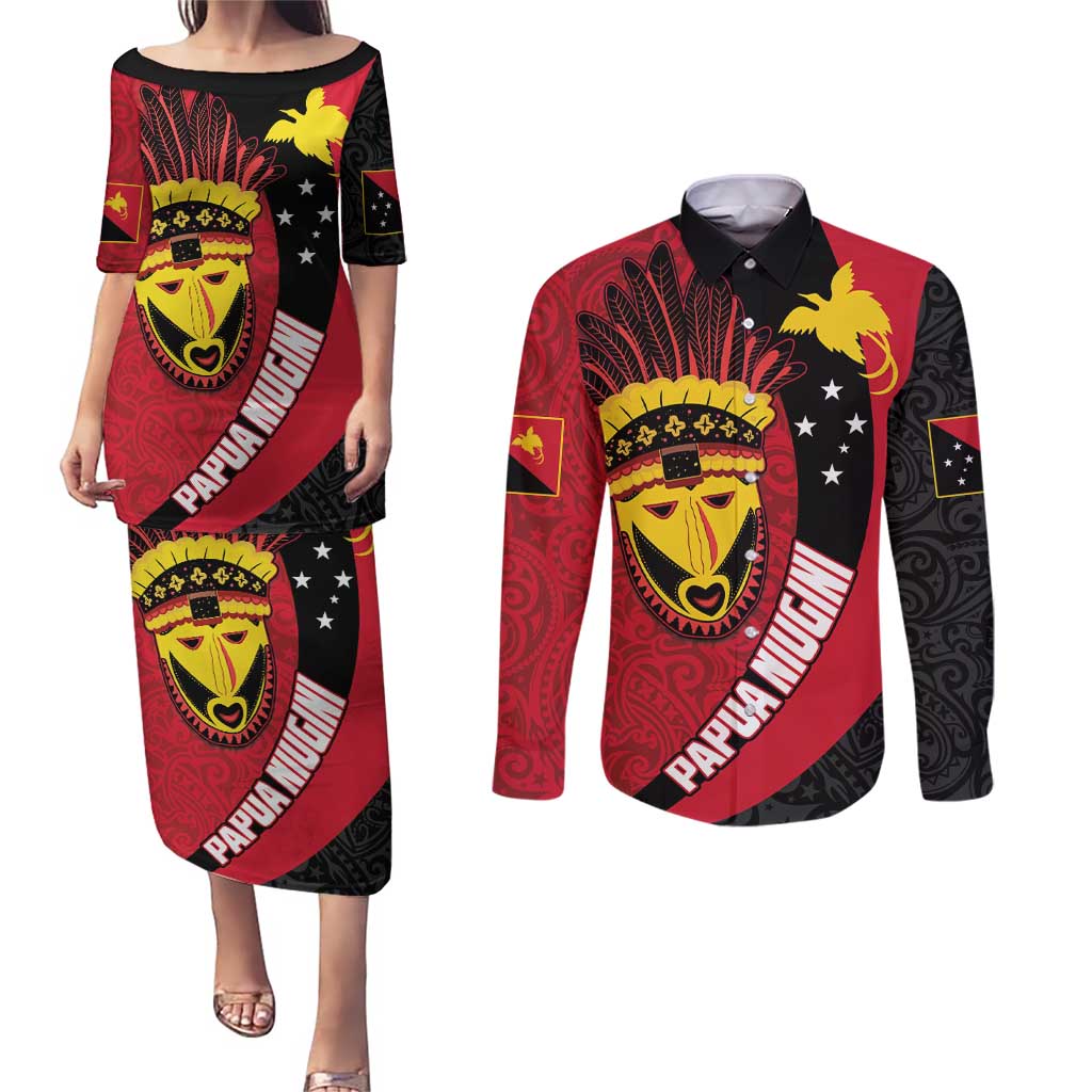 Papua New Guinea Mask Festival Couples Matching Puletasi and Long Sleeve Button Shirt Papua Niugini Tribe Mask Melanesian Pattern LT03 Red - Polynesian Pride