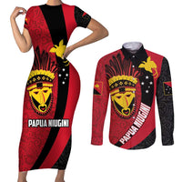 Papua New Guinea Mask Festival Couples Matching Short Sleeve Bodycon Dress and Long Sleeve Button Shirt Papua Niugini Tribe Mask Melanesian Pattern LT03 Red - Polynesian Pride