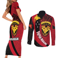 Papua New Guinea Mask Festival Couples Matching Short Sleeve Bodycon Dress and Long Sleeve Button Shirt Papua Niugini Tribe Mask Melanesian Pattern LT03 - Polynesian Pride