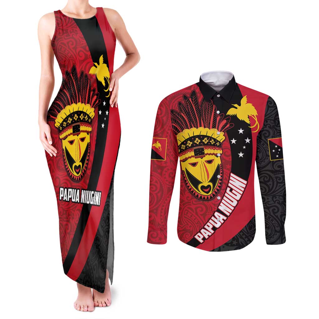 Papua New Guinea Mask Festival Couples Matching Tank Maxi Dress and Long Sleeve Button Shirt Papua Niugini Tribe Mask Melanesian Pattern