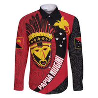 Papua New Guinea Mask Festival Family Matching Off Shoulder Maxi Dress and Hawaiian Shirt Papua Niugini Tribe Mask Melanesian Pattern LT03 Dad's Shirt - Long Sleeve Red - Polynesian Pride