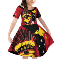 Papua New Guinea Mask Festival Family Matching Off Shoulder Short Dress and Hawaiian Shirt Papua Niugini Tribe Mask Melanesian Pattern LT03 Daughter's Dress Red - Polynesian Pride