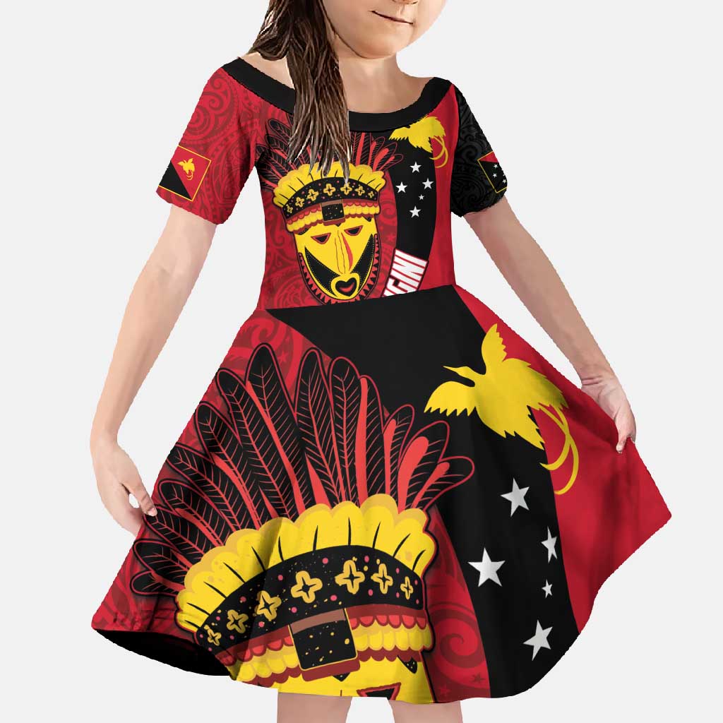 Papua New Guinea Mask Festival Family Matching Short Sleeve Bodycon Dress and Hawaiian Shirt Papua Niugini Tribe Mask Melanesian Pattern LT03 Daughter's Dress Red - Polynesian Pride