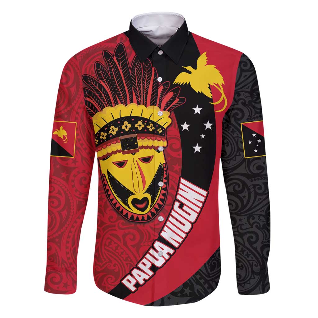 Papua New Guinea Mask Festival Family Matching Short Sleeve Bodycon Dress and Hawaiian Shirt Papua Niugini Tribe Mask Melanesian Pattern LT03 Dad's Shirt - Long Sleeve Red - Polynesian Pride