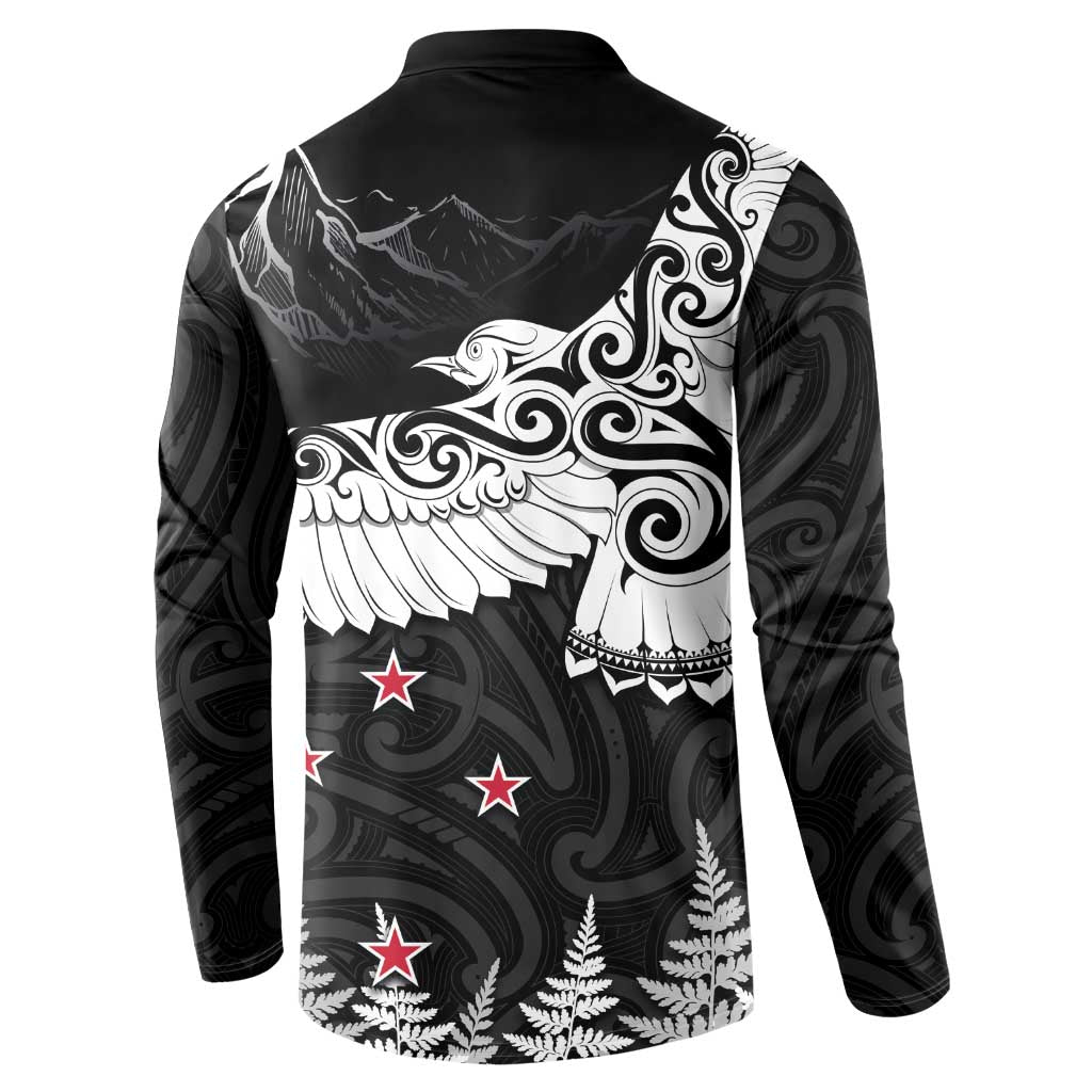 New Zealand Kea Bird Button Sweatshirt Maori Tattoo and Silver Fern Black Color LT03 - Polynesian Pride